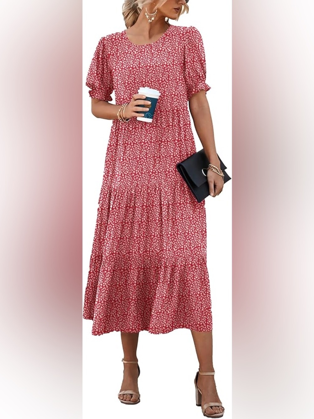 PRETTYGARDEN Abstract Polka Dot Tiered Puff Sleeve Midi Dress Size Large